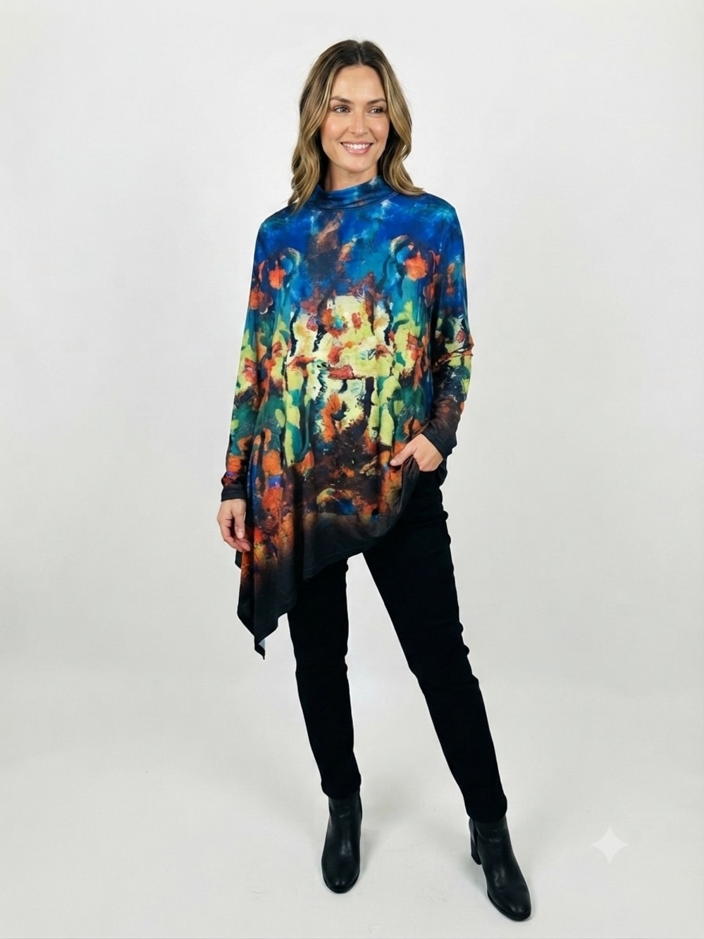 Abstract Watercolor Mock-Neck Tunic in Blue & Orange